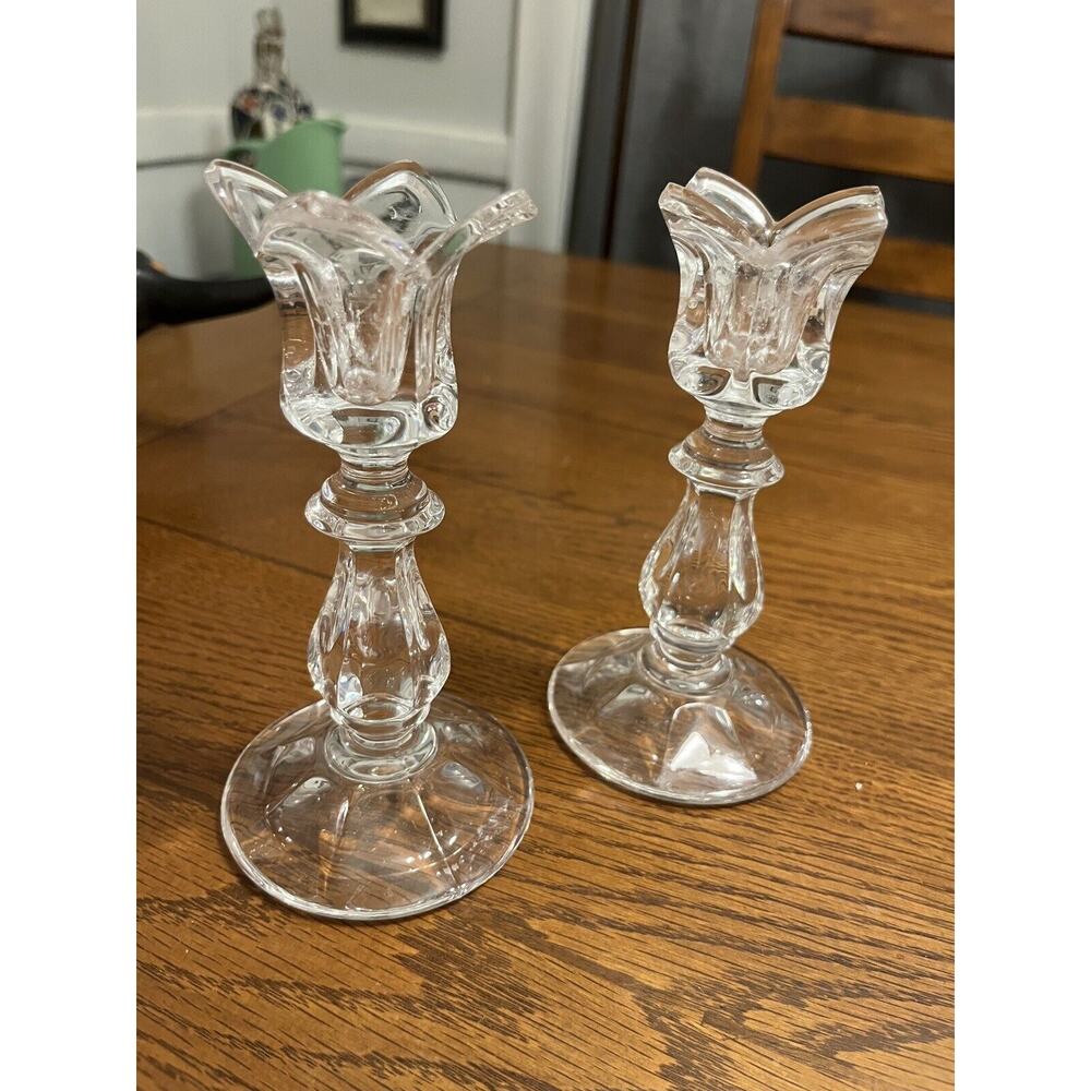 Gorham Viscount Lead Crystal Tulip Crystallites Candlestick Pair Set 5 3/4" - Picture 2 of 7